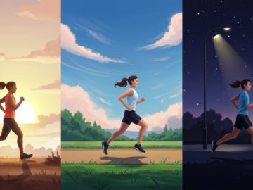 Três corredores vistos de lado, correndo em diferentes horários do dia: de manhã com o nascer do sol, à tarde sob um céu azul brilhante e à noite sob luzes de rua e um céu estrelado. A imagem ilustra o melhor horário para correr, mostrando a energia e o prazer de correr em qualquer parte do dia.